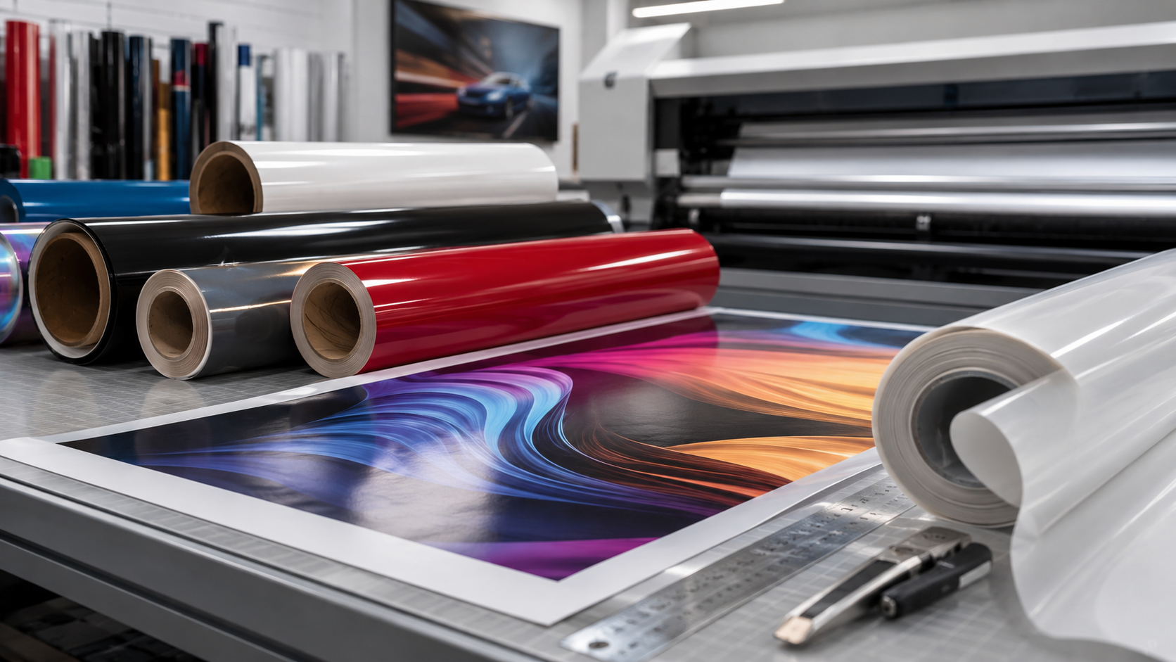 Rollos de vinilo y laminado profesional sobre mesa de trabajo con impresión de alta calidad en taller de rotulación.