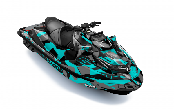 Kit de vinilos Sea-Doo GTX Pro Urban Camo Edition con camuflaje geométrico turquesa, negro y gris instalado en moto de agua