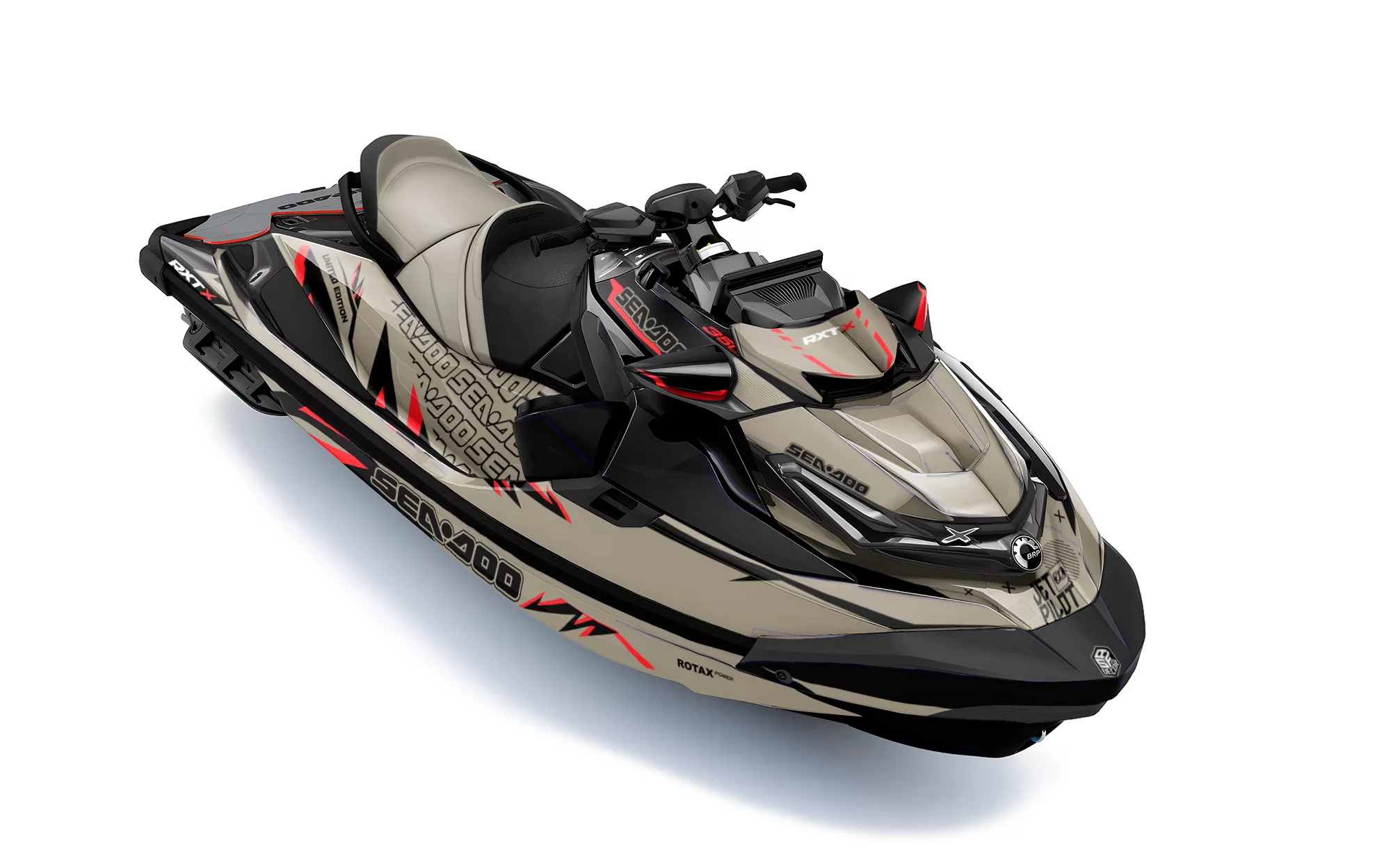Kit de vinilos Sea-Doo RXT-X 300 Desert Phantom Edition en beige arena, negro y rojo instalado en moto de agua