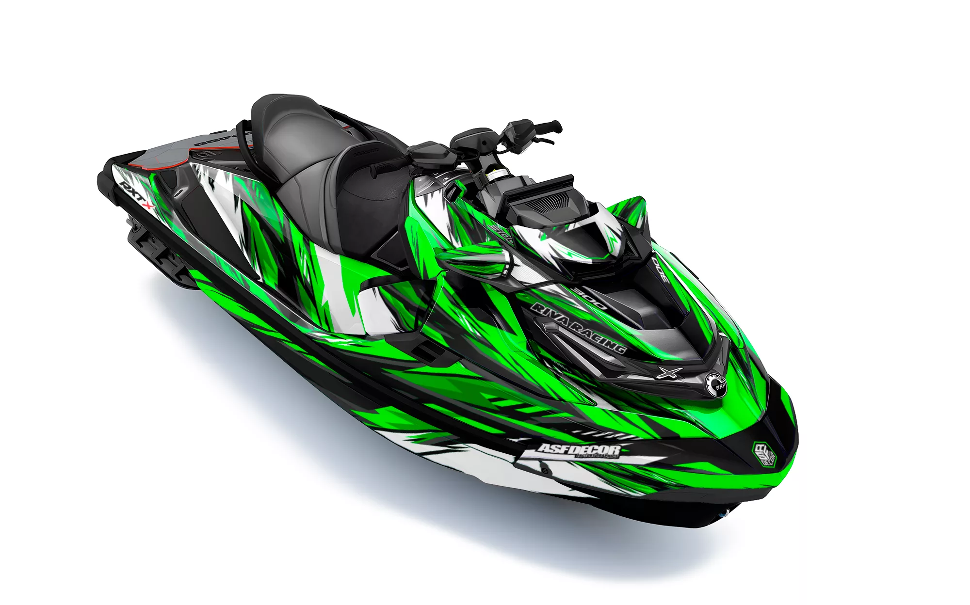 Kit de vinilos Sea-Doo RXT-X 300 Toxic Vortex Edition en verde, negro y blanco instalado en moto de agua