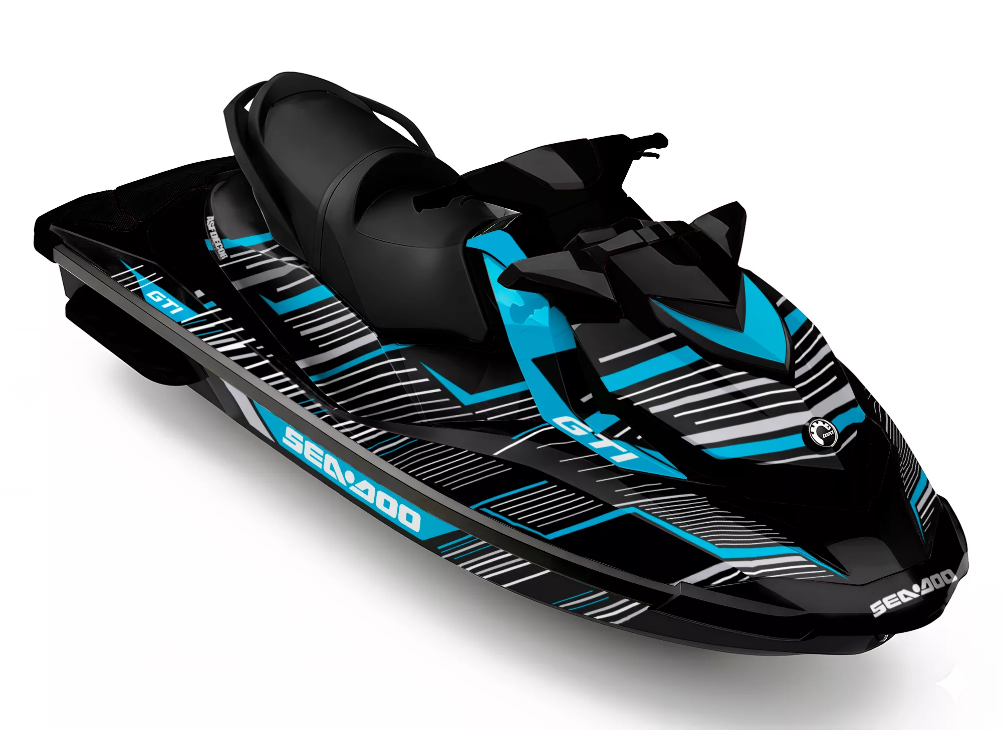Kit de vinilos Sea-Doo GTI Aqua Grid Edition en negro, azul cian y blanco instalado en moto de agua