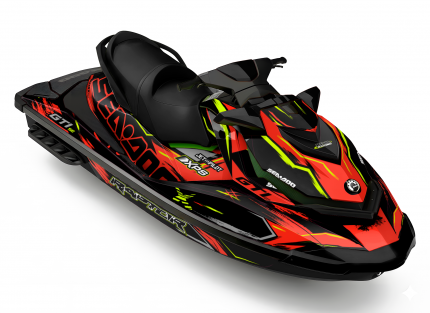 Kit de vinilos Sea-Doo GTI SE Inferno Volt Edition en negro, rojo y amarillo flúor instalado en moto de agua