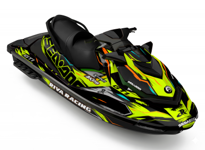 Kit de vinilos Sea-Doo Spark Urban Slash Edition en negro, naranja y turquesa instalado en moto de agua