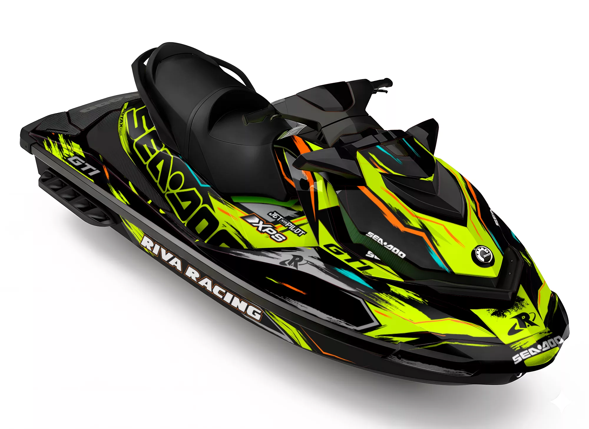 Kit de vinilos Sea-Doo Spark Urban Slash Edition en negro, naranja y turquesa instalado en moto de agua