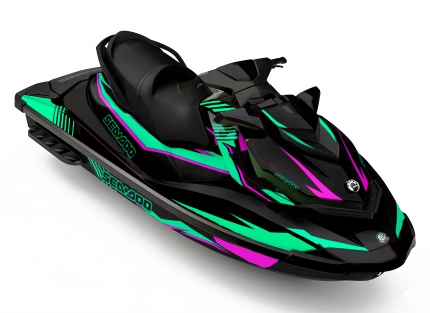 Kit de vinilos Sea-Doo GTI Cyber Mint Edition en negro, turquesa y magenta instalado en moto de agua