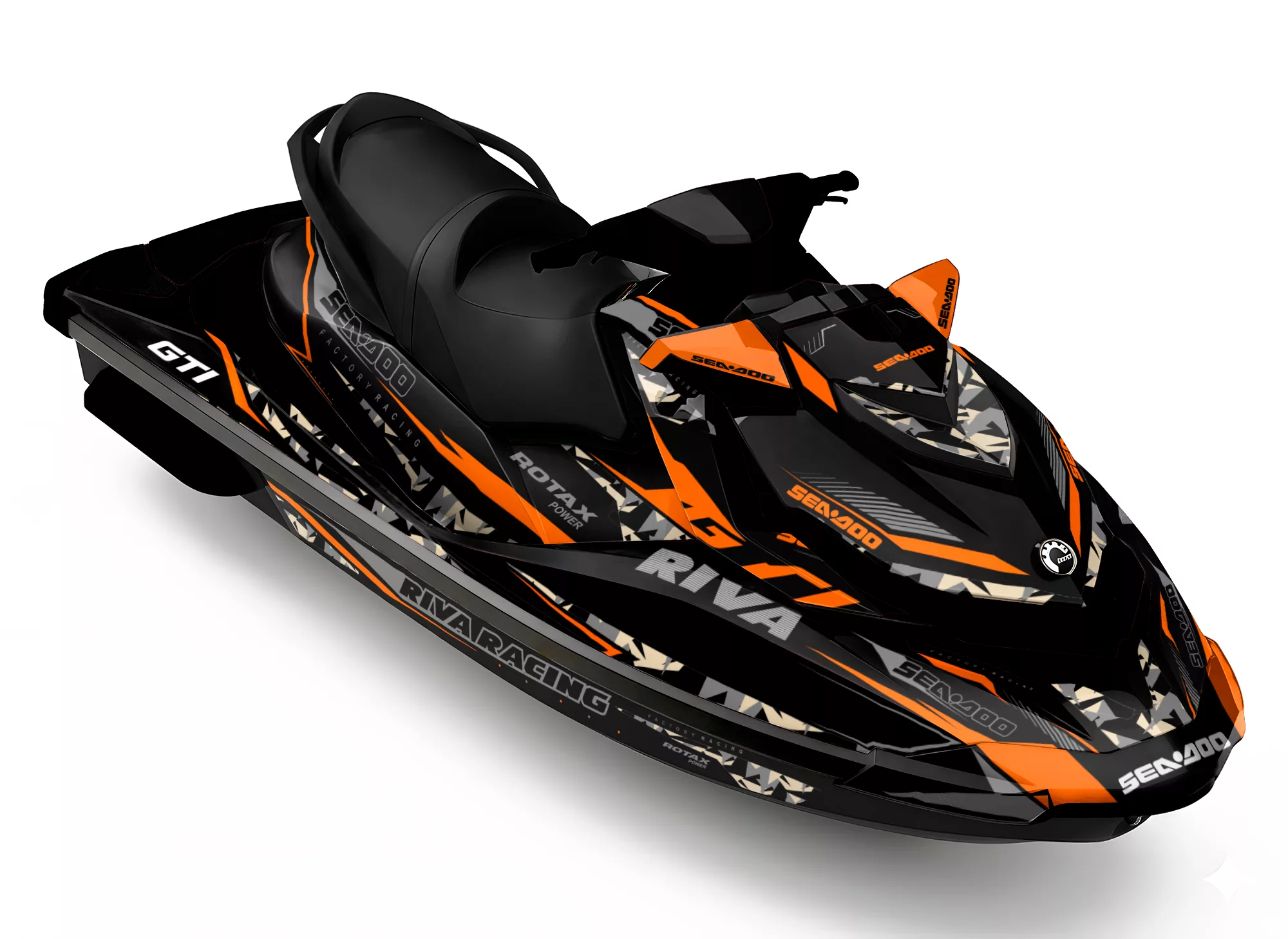 Kit de vinilos Sea-Doo GTI Desert Strike Edition en negro, naranja y camuflaje arena instalado en moto de agua