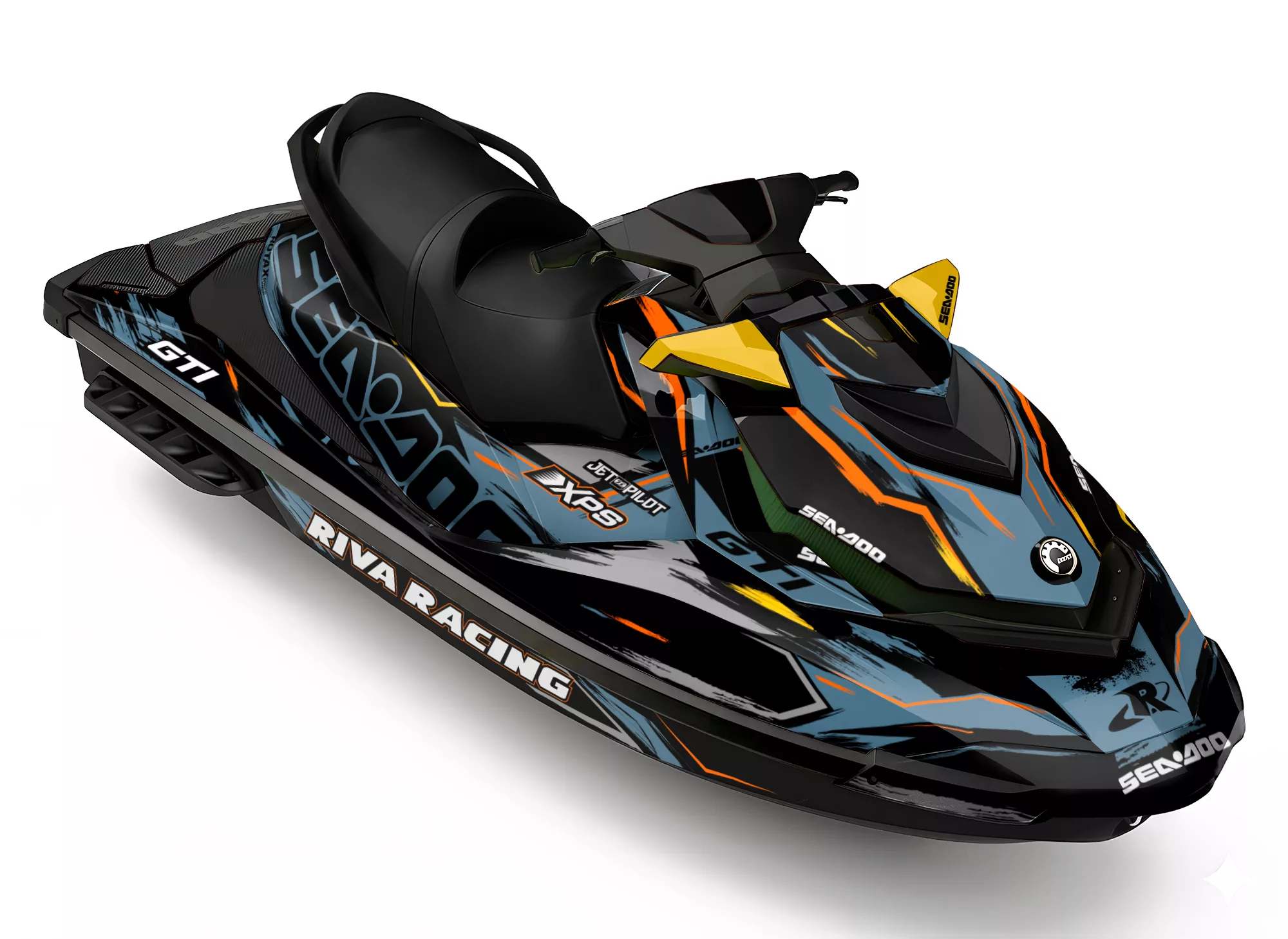 Kit de vinilos Sea-Doo GTI Steel Volt Edition en azul grisáceo, negro, naranja y amarillo instalado en moto de agua