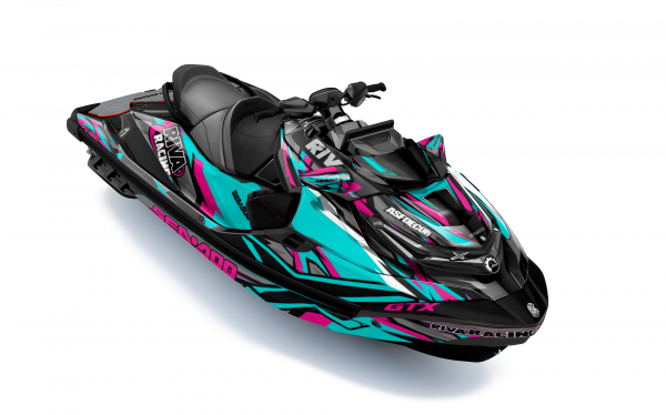 Kit de vinilos Sea-Doo GTX Cyber Splash Edition en turquesa, rosa, negro y blanco instalado en moto de agua
