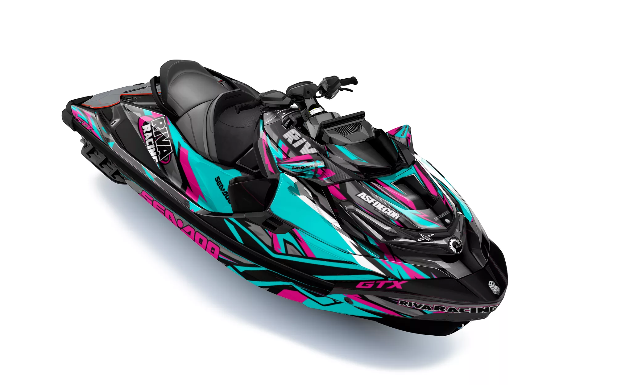 Kit de vinilos Sea-Doo GTX Cyber Splash Edition en turquesa, rosa, negro y blanco instalado en moto de agua