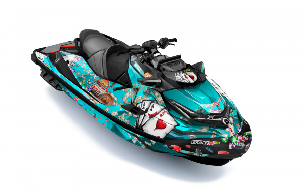 Kit de vinilos Sea-Doo GTX Pro Royal Flush Edition en turquesa, negro, blanco y rojo con diseño de cartas, fichas y billetes instalado en moto de agua