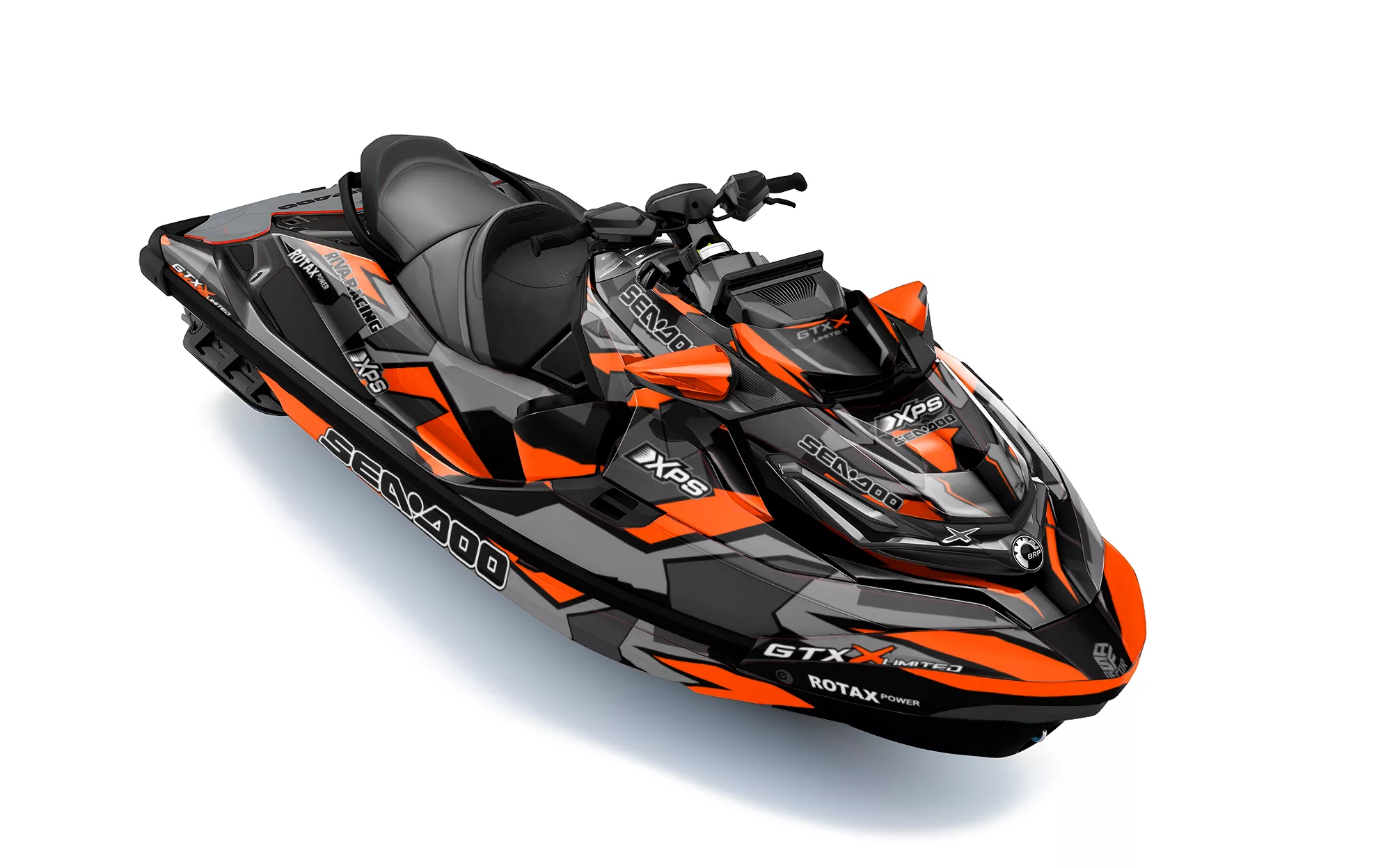 Kit de vinilos Sea-Doo GTX-X Inferno Vector Edition en naranja, negro y gris instalado en moto de agua