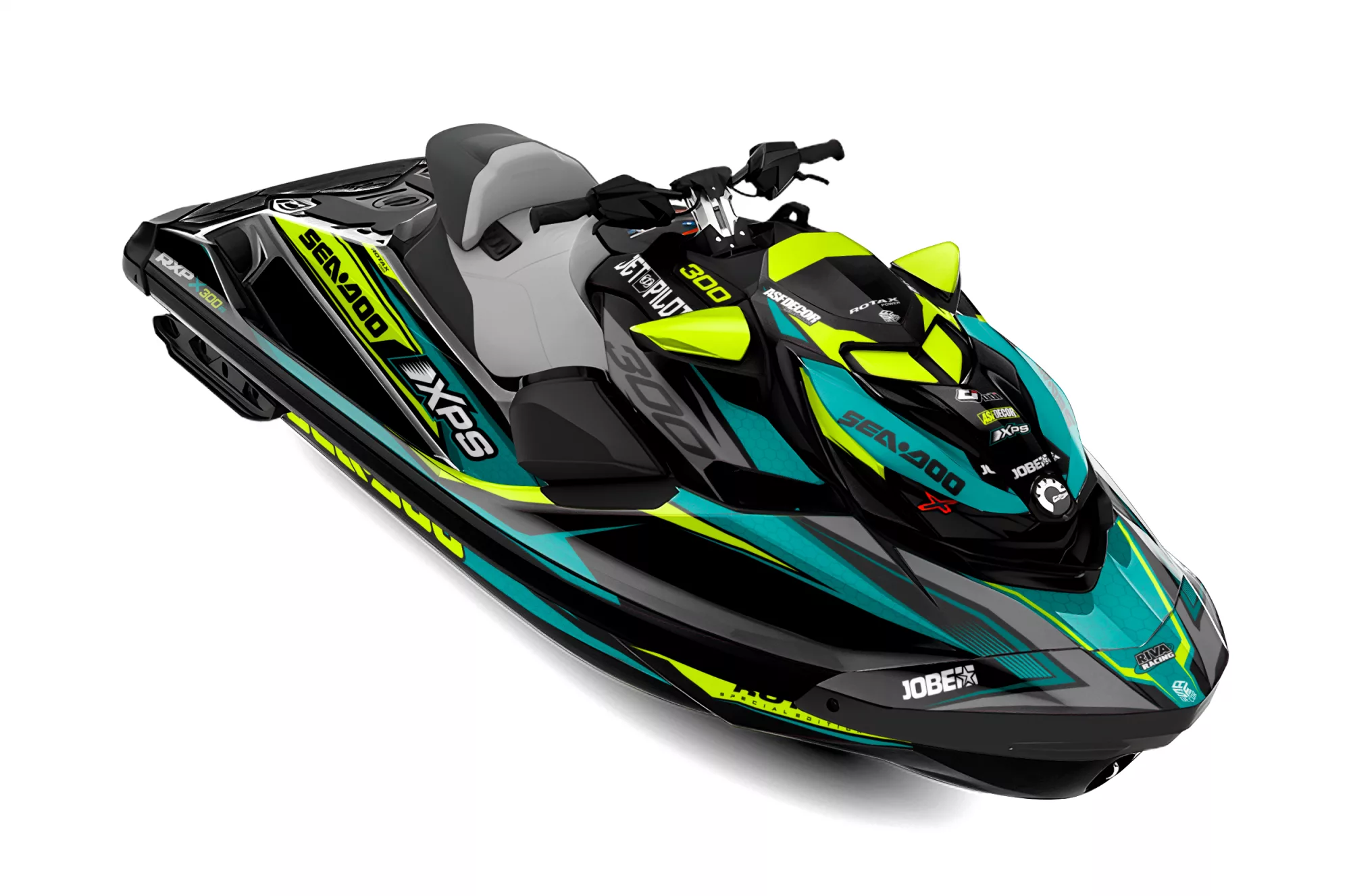 Kit de vinilos para Sea-Doo RXP-X 300 con diseño Nitro Pulse Edition, estilo racing deportivo y acabado premium para moto de agua.