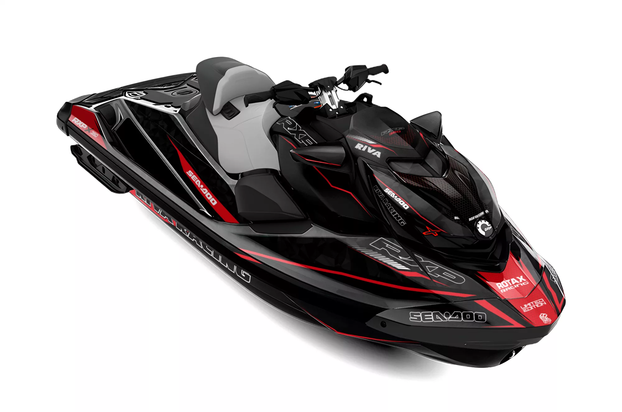 Kit de vinilos Sea-Doo RXP-X 300 Shadow Carbon Edition en negro, gris carbono y rojo instalado en moto de agua