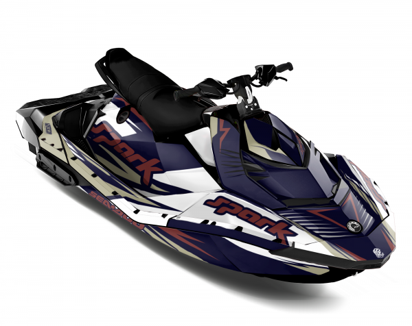 Diseño Coastal Navy Edition para Sea-Doo Spark con estilo racing en azul marino, blanco, beige y rojo.