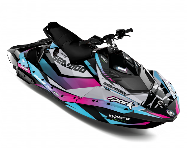 Kit de vinilos Sea-Doo Spark Neon Pulse Edition en turquesa, rosa, negro y gris instalado en moto de agua
