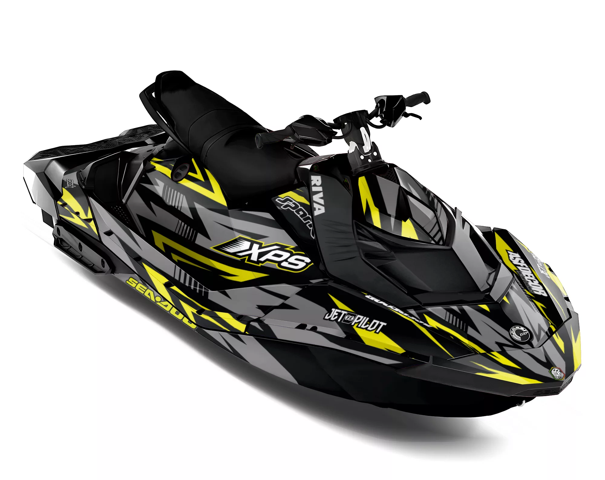 Kit de vinilos Sea-Doo Spark Volt Strike Edition en negro, gris y amarillo instalado en moto de agua