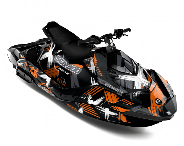 Kit de vinilos Sea-Doo Spark Urban Paint Edition en negro, naranja y blanco instalado en moto de agua