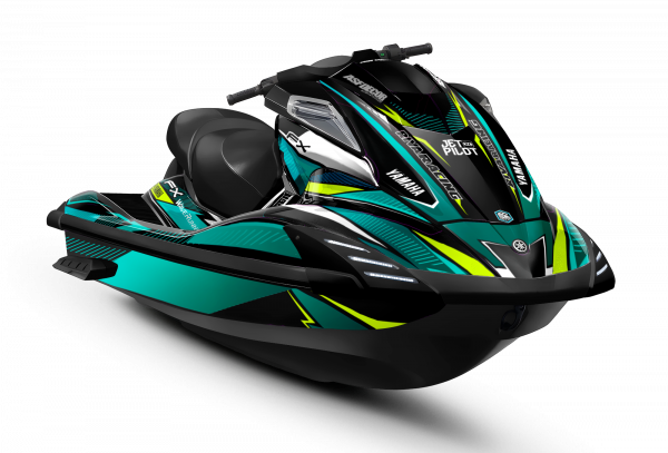 Kit de vinilos Yamaha FX Aqua Volt Edition en turquesa, negro, blanco y amarillo flúor instalado en moto de agua