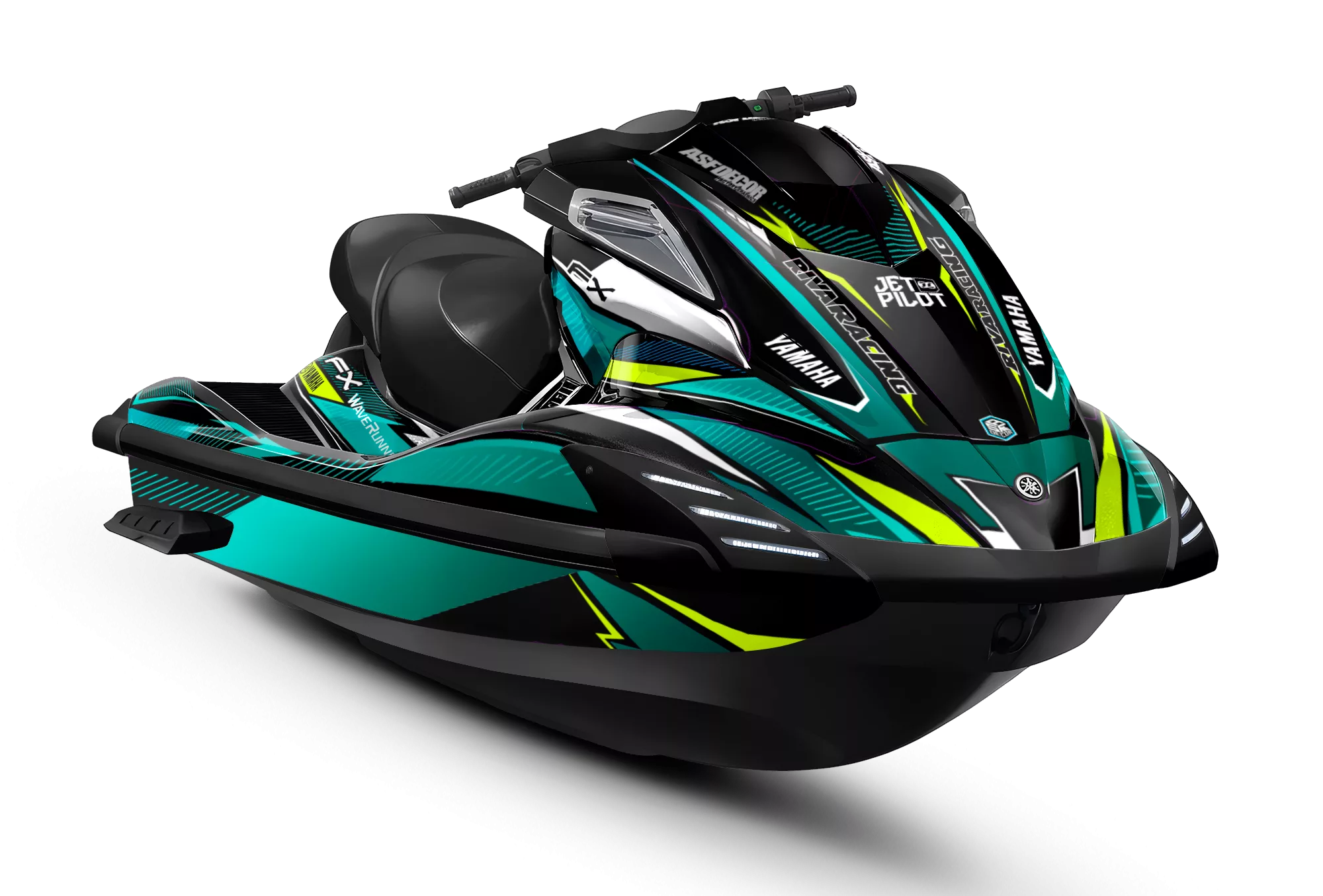 Kit de vinilos Yamaha FX Aqua Volt Edition en turquesa, negro, blanco y amarillo flúor instalado en moto de agua