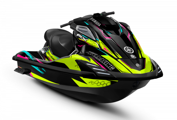 Kit de vinilos Yamaha FX Neon Pulse Edition en negro, amarillo flúor, rosa y azul instalado en moto de agua