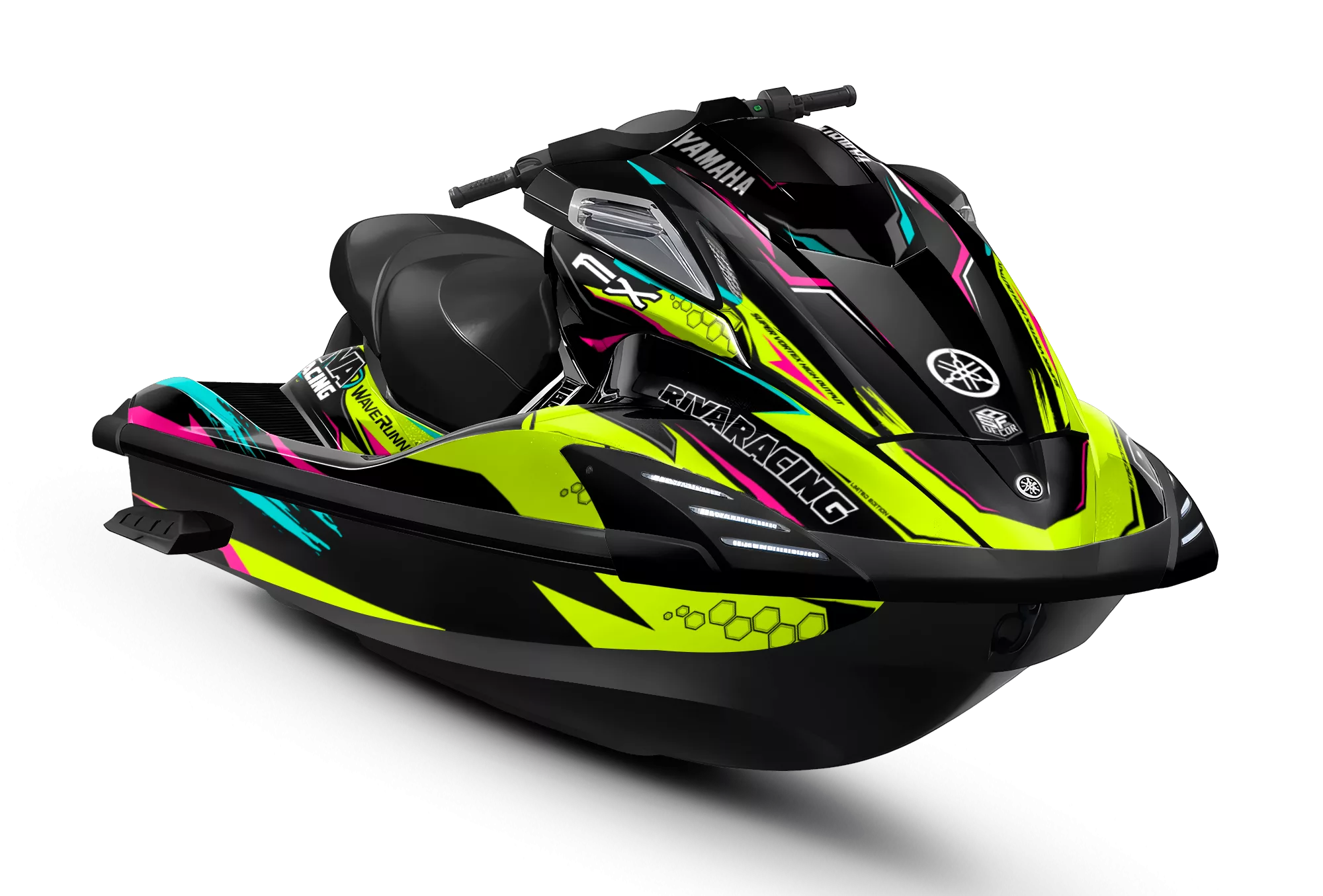Kit de vinilos Yamaha FX Neon Pulse Edition en negro, amarillo flúor, rosa y azul instalado en moto de agua