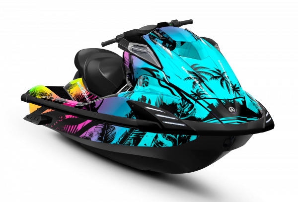 Kit de vinilos Yamaha FX Tropical Rush Edition en turquesa, negro, rosa y amarillo con diseño tropical instalado en moto de agua