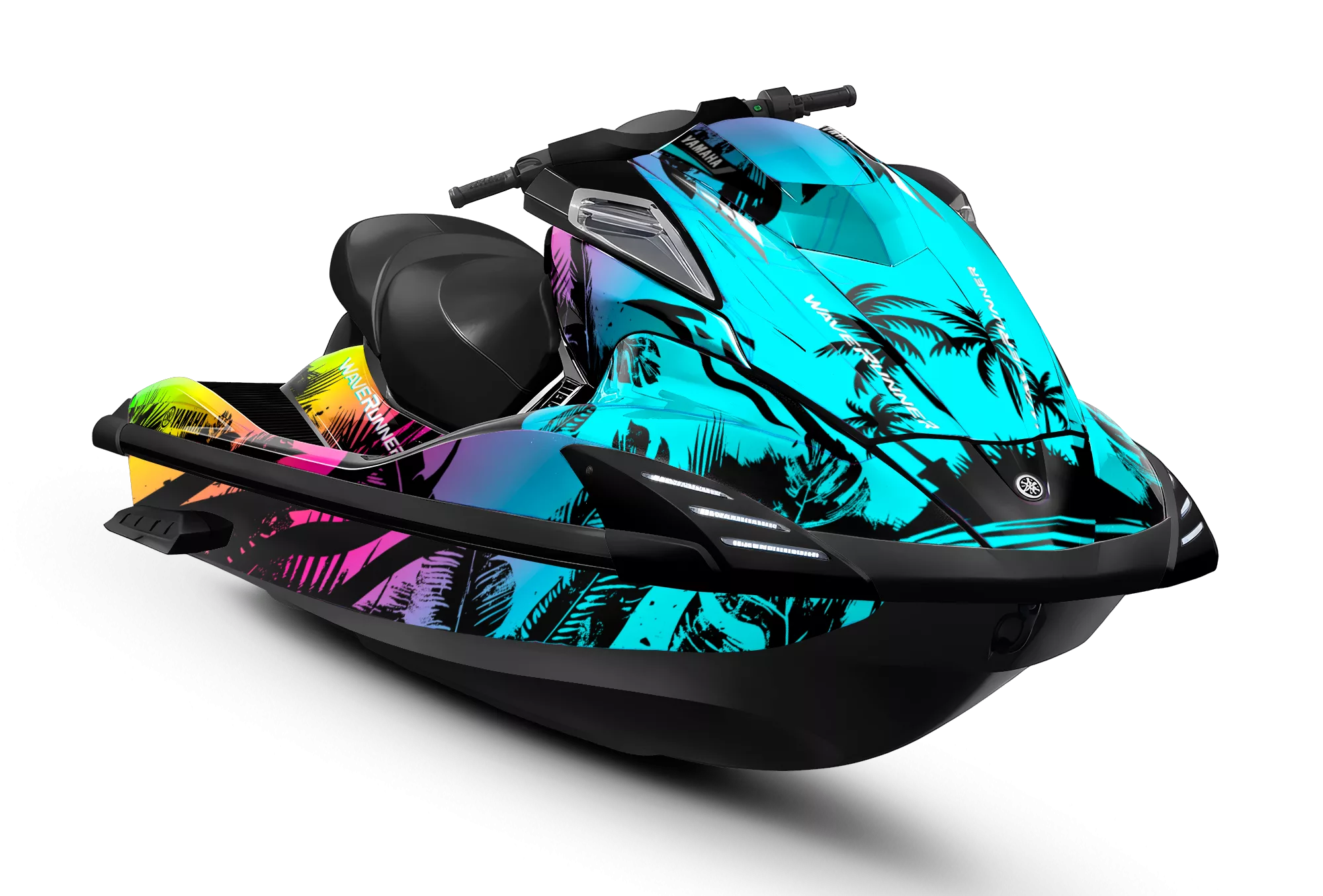 Kit de vinilos Yamaha FX Tropical Rush Edition en turquesa, negro, rosa y amarillo con diseño tropical instalado en moto de agua
