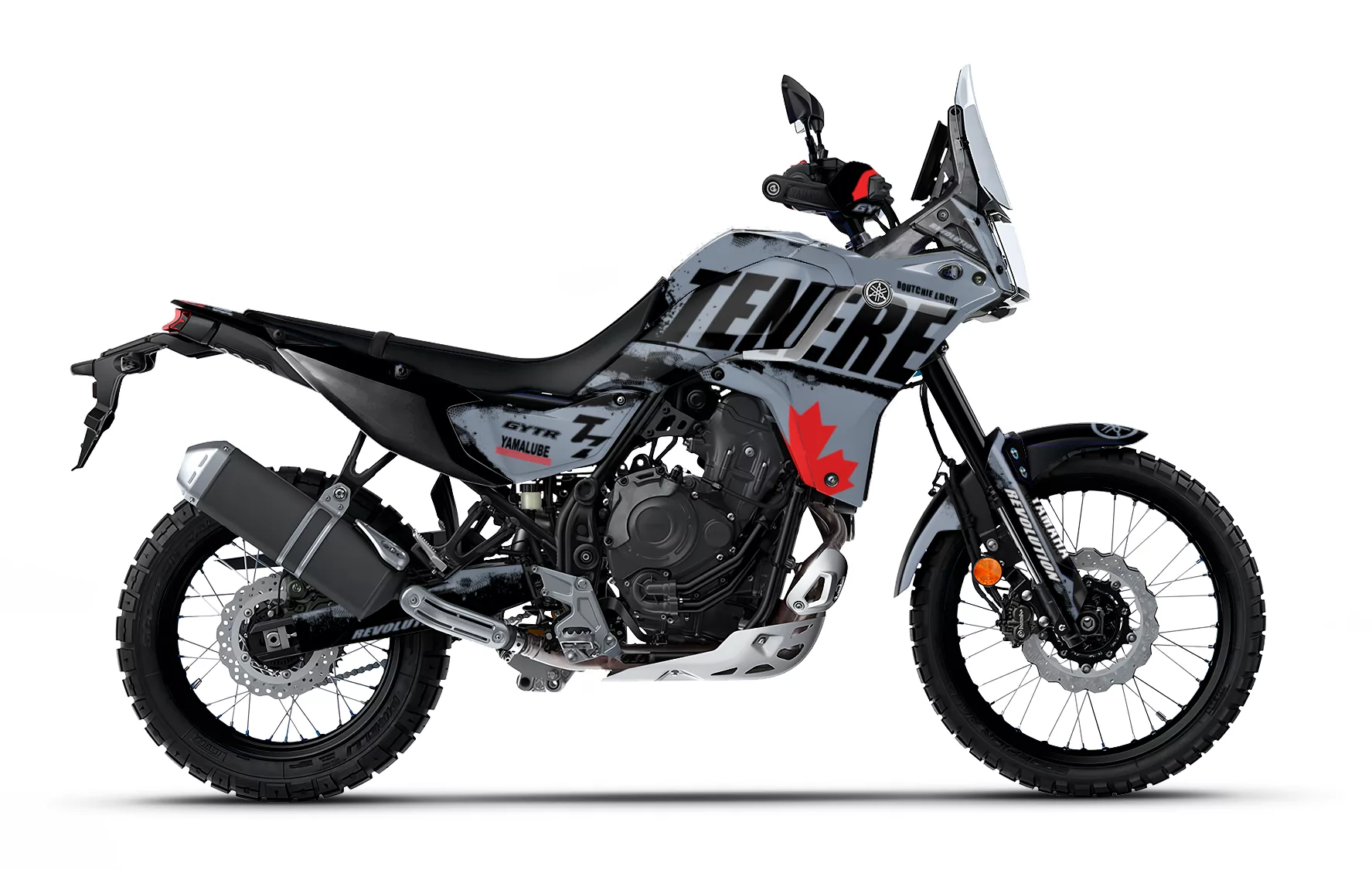 Kit de vinilos Yamaha Ténéré 700 Arctic Rebel Edition en gris, negro, blanco y rojo instalado en moto trail adventure