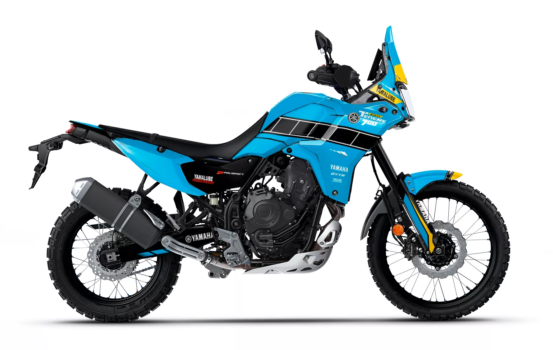 Kit de vinilos Yamaha Ténéré 700 Desert Rally Blue Edition en azul, negro, blanco y amarillo instalado en moto trail adventure