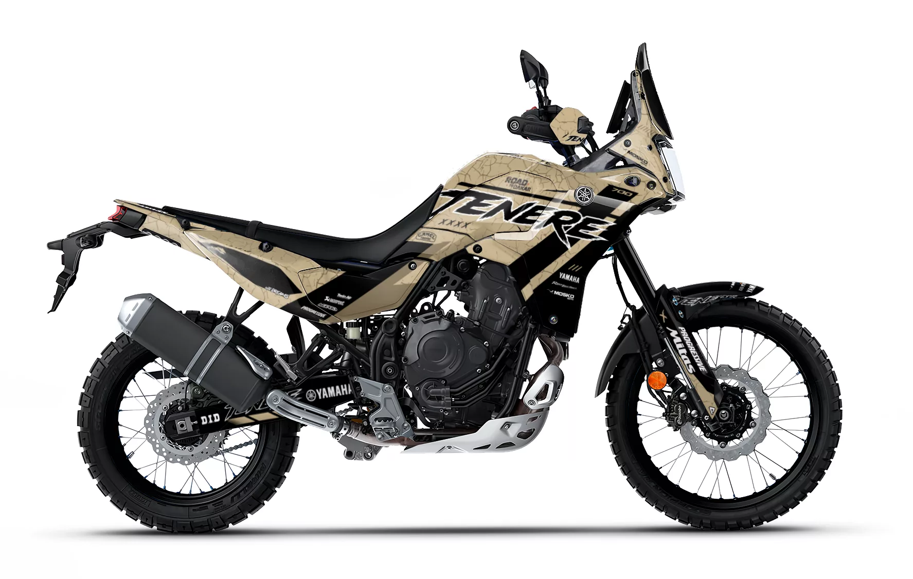 Kit de vinilos Yamaha Ténéré 700 Desert Sand Edition en beige, negro y gris instalado en moto trail adventure