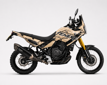 Kit de vinilos Yamaha Ténéré 700 Desert Sand Edition en beige, negro y gris instalado en moto trail adventure