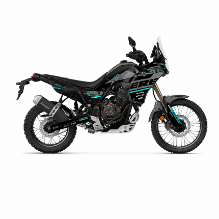 Kit de vinilos Yamaha Ténéré 700 Midnight Cyan Edition en negro, gris y azul cian instalado en moto trail adventure