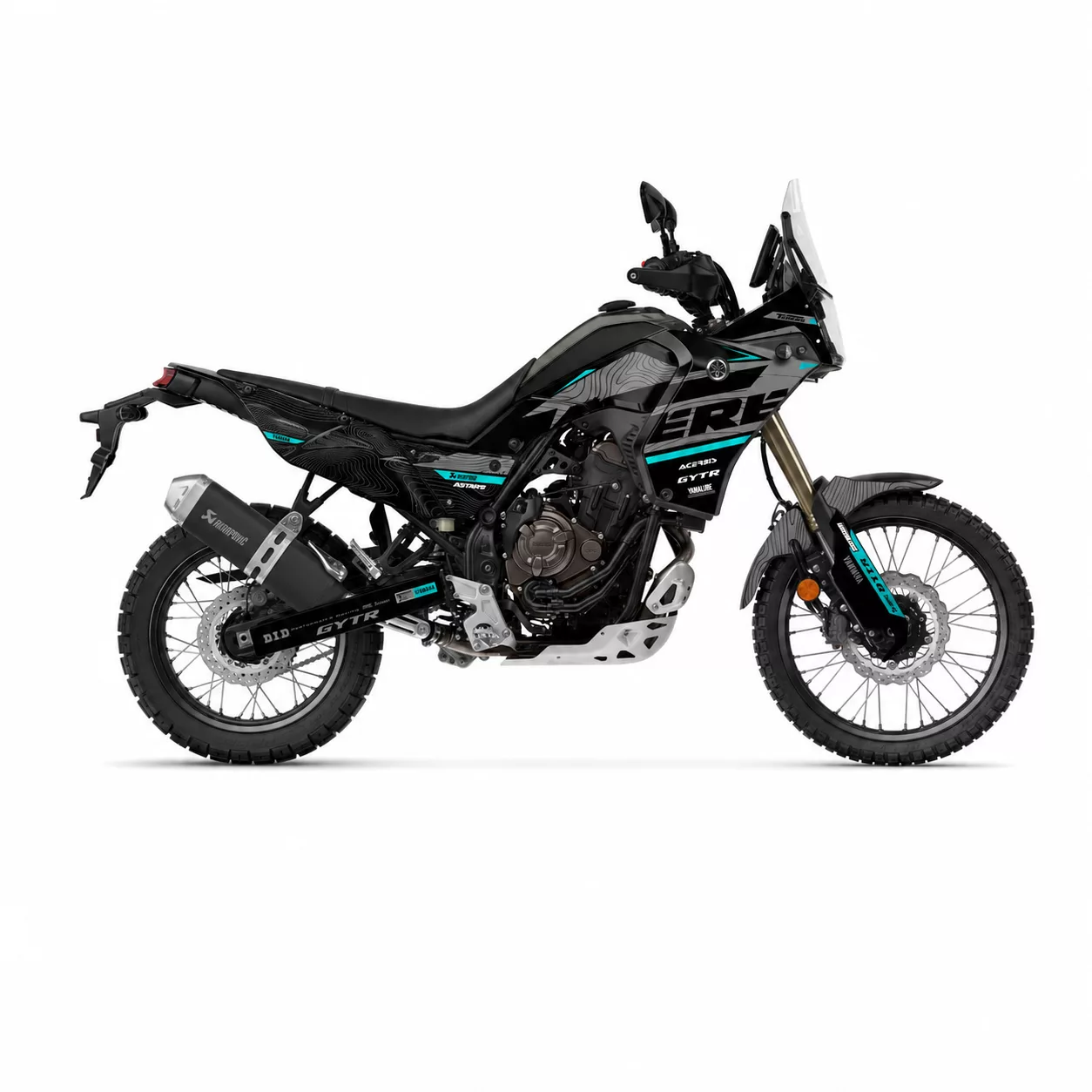 Yamaha Ténéré 700 Midnight Cyan Edition Kit de vinilos Yamaha Ténéré 700 Midnight Cyan Edition en negro, gris y azul cian instalado en moto trail adventure
