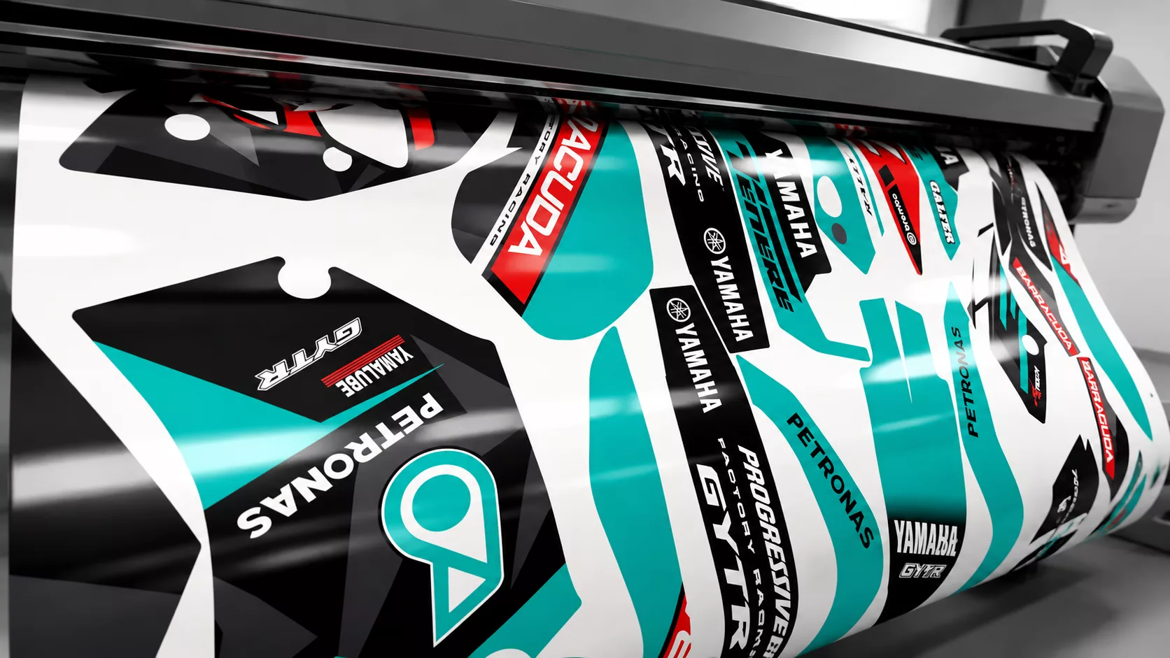 Impresión de kit de vinilos personalizados para moto de agua Yamaha en colores turquesa, blanco, negro y rojo