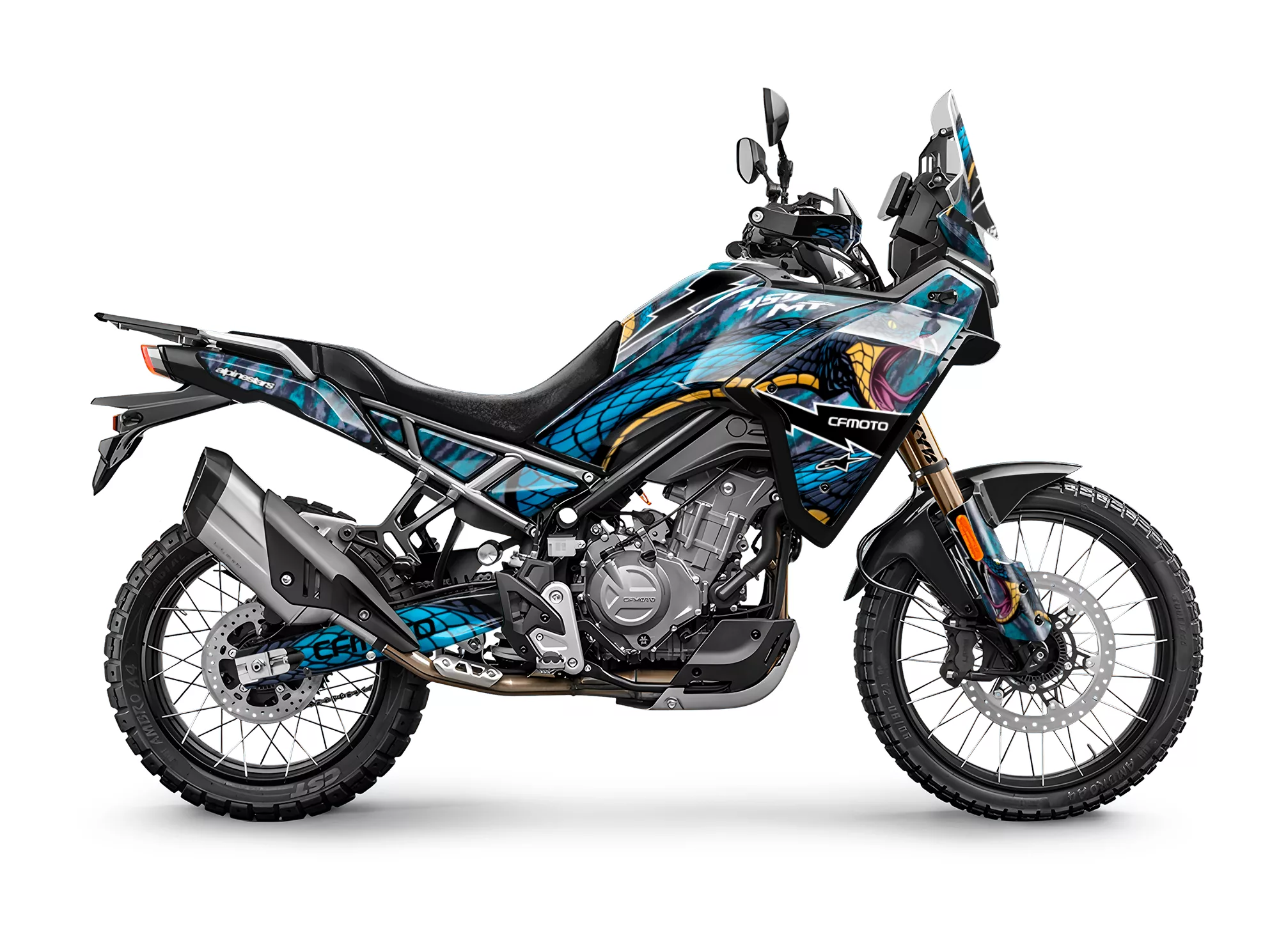 Kit de vinilos CFMOTO 450MT Venom Viper Edition con diseño de serpiente en tonos azul y negro.