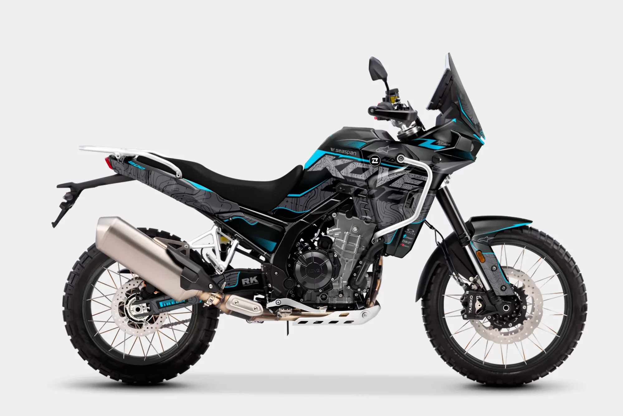 Kit de vinilos KOVE 800X Trail Contour Edition con diseño inspirado en curvas topográficas en negro, gris y azul.