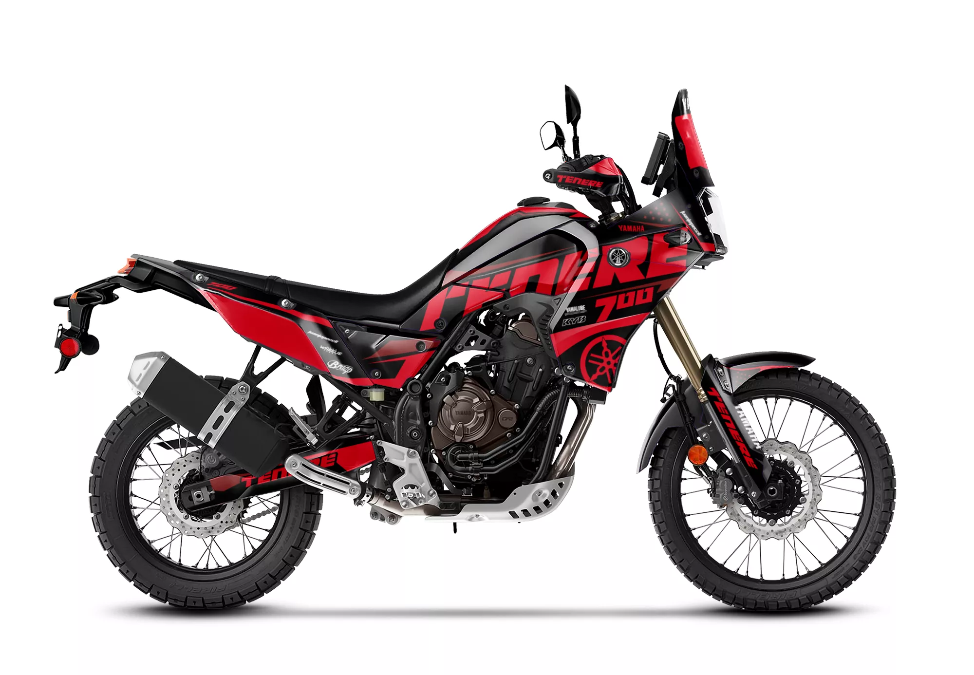 Kit de vinilos Yamaha Ténéré 700 Crimson Rally Edition con diseño rally exclusivo de ASFDECOR, gráficos deportivos y líneas agresivas.