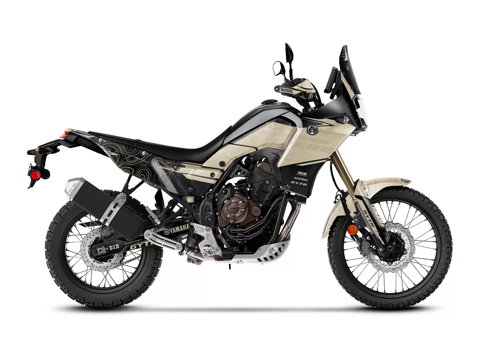 Kit de vinilos Yamaha Ténéré 700 Desert Contour Edition con diseño adventure exclusivo de ASFDECOR inspirado en mapas topográficos y rutas off-road.