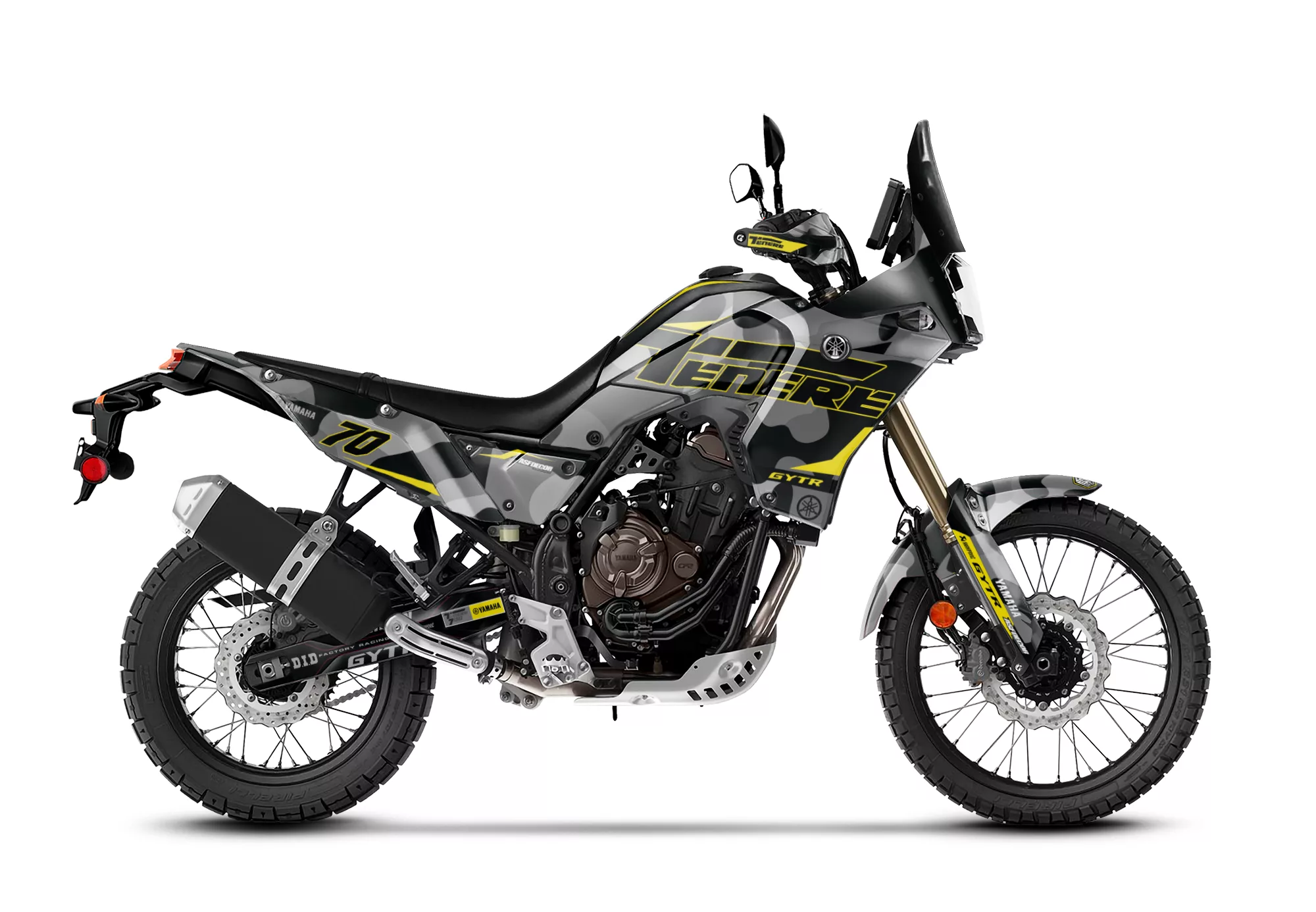 Kit de vinilos Yamaha Ténéré 700 Iron Camo Edition con diseño adventure de camuflaje moderno y gráficos exclusivos de ASFDECOR.