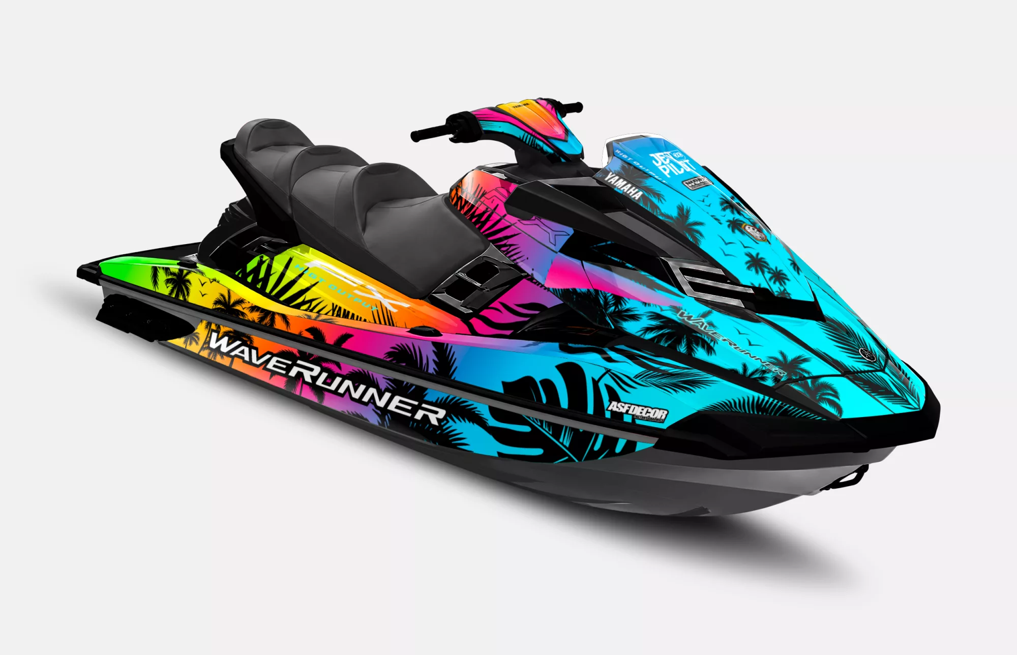 Kit de vinilos Yamaha WaveRunner FX 4Gen Tropical Rush Edition con diseño de palmeras, formas tropicales y gráficos dinámicos exclusivos de ASFDECOR.