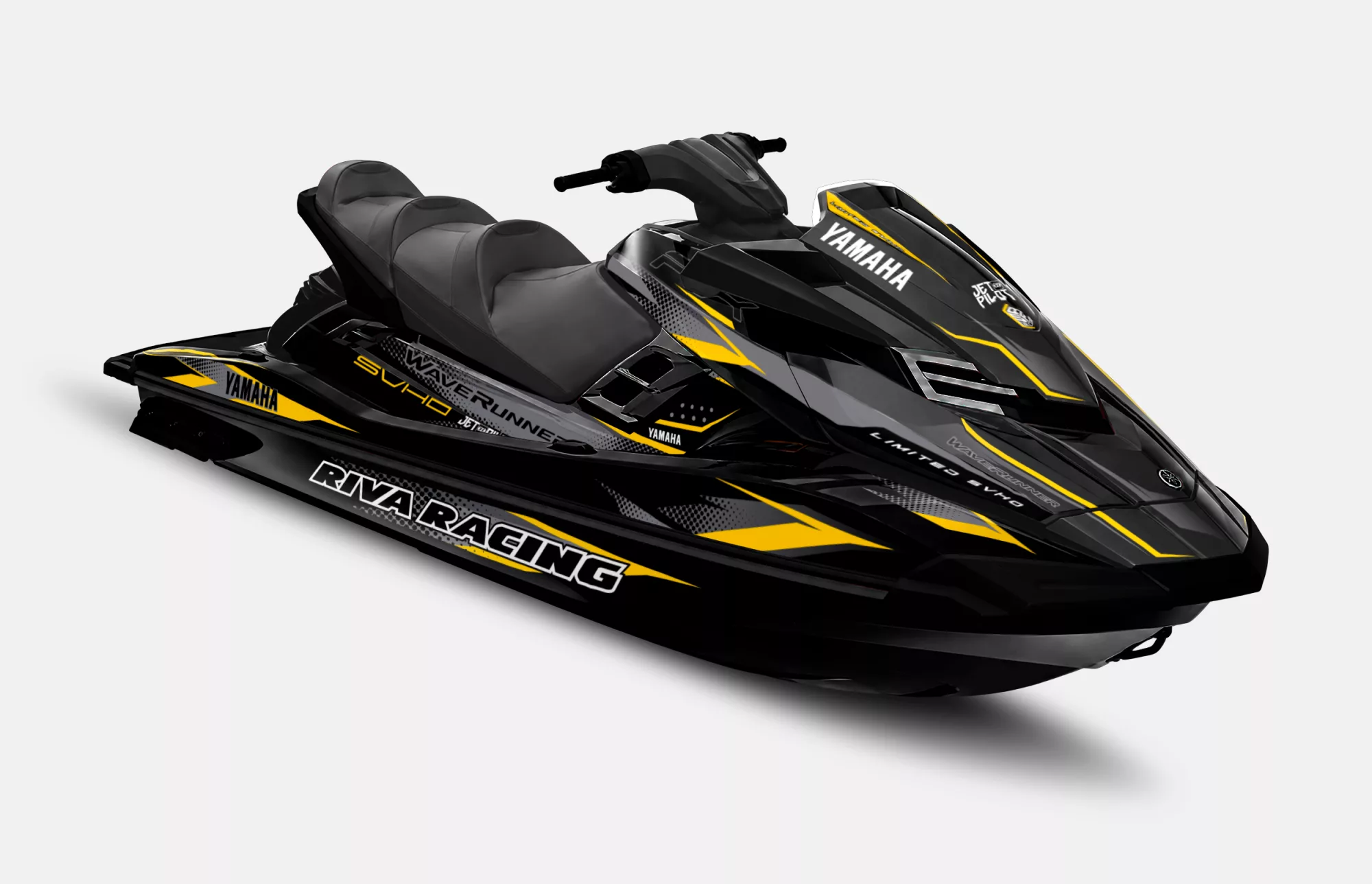 Kit de vinilos Yamaha WaveRunner FX HO y FX SVHO Riva Blackline Edition con diseño negro, amarillo racing y estilo inspirado en la competición.