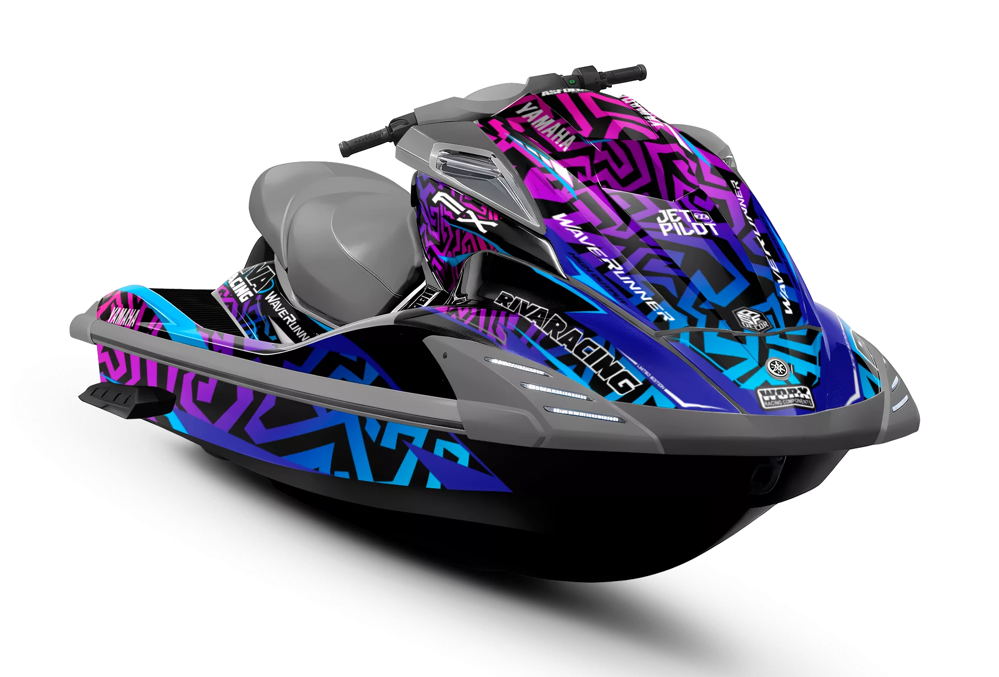 Kit de vinilos Yamaha WaveRunner FX Neon Maze Edition compatible con Yamaha WaveRunner FX (2019-2025), diseño exclusivo de ASFDECOR con patrón geométrico de alto impacto.