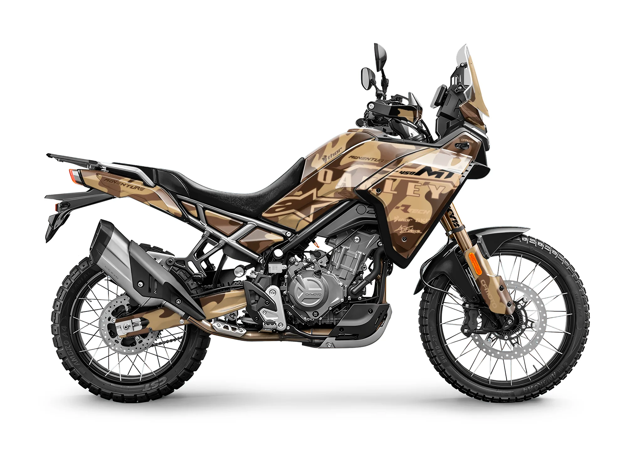 Kit de vinilos CFMOTO 450MT Desert Recon Edition con diseño camuflaje adventure personalizado por ASFDECOR.